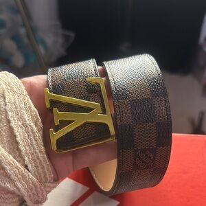 Louis Vuitton Checkered Belt with Gold LV Buckle